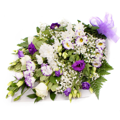 Sympathy Flowers SYM-335 - A selection of purple and white flowers in cellophane.
